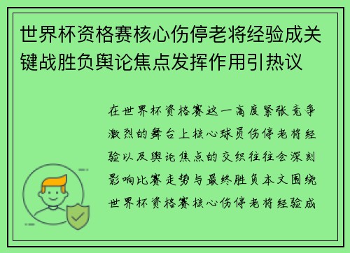 世界杯资格赛核心伤停老将经验成关键战胜负舆论焦点发挥作用引热议