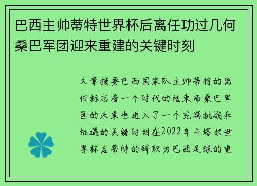 巴西主帅蒂特世界杯后离任功过几何桑巴军团迎来重建的关键时刻