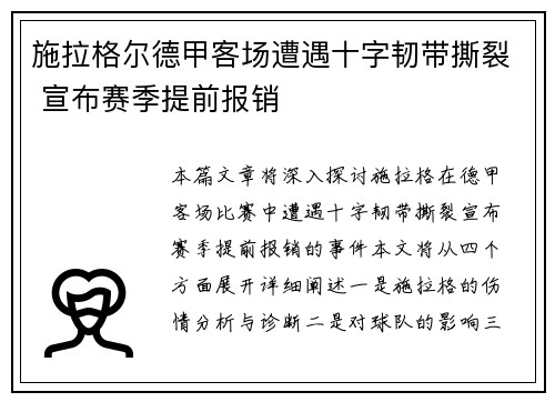 施拉格尔德甲客场遭遇十字韧带撕裂 宣布赛季提前报销